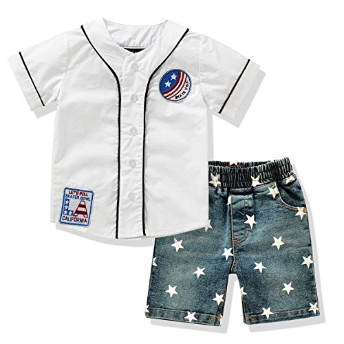 Ferenyi US Toddler's Clothes Boy's Short Sleeved Shirts and Denim Shorts Sets