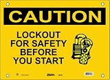 Master Lock S8100 10" Width x 7" Height Polypropylene, Black on Yellow Safety Sign, Header "Caution", Legend "Lockout For Safety Before You Start" (with Picto) Master Lock S8100 10" Width x 7" Height Polypropylene, Black on Yellow Safety Sign, Header "Caution", Legend "Lockout For Safety Before You Start" (with Picto)