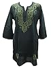 Womans Indian Kurta Tunic Top Green Floral Embroidered Black Cotton Dress S