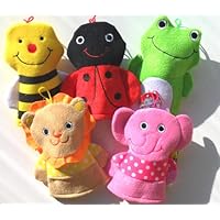 Washcloth Hand Puppet Terrycloth Washmitt Set of 3 - Assorted Bumble Bee, Elephant, Lion, Frog & Lady Bug