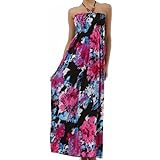 Two Color Floral Graphic Print Beaded Halter Smocked Bodice Maxi / Long Dress ( Free Shipping )