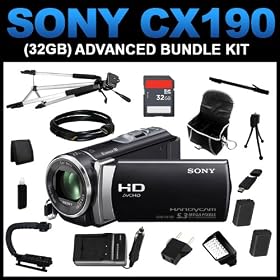 Sony HDR-CX190 High Definition Handycam 5.3 MP Camcorder with 25x Optical Zoom (Black) (32GB Advanced Bundle Kit) includes Charger, Battery, 32GB SD Memory, Carrying Case, Full Size Tripod, Monopod, Mini Tripod, Video Light Kit, Grip Handle, HDMI Cable, Card Reader, Card Wallet, Cleaning Kit - (HDRC