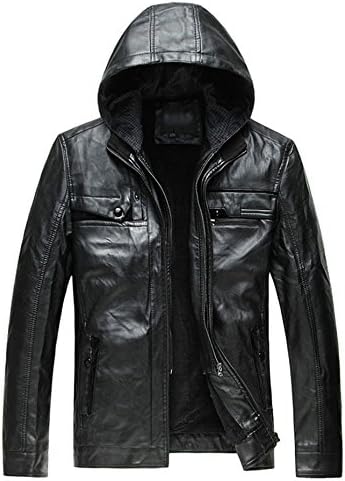 Shemen Mens Genuine Leather Add Thick Velvet Trench Coat Hooded Fur Coat