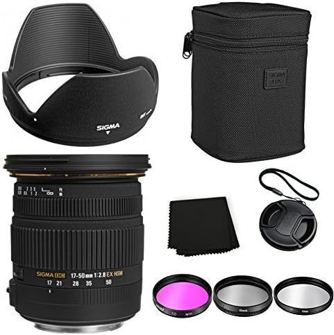 Sigma 17-50mm f/2.8 EX DC OS HSM Zoom Lens for Canon DSLRs with APS-C Sensors + Sigma Original Lens Case + Sigma Original Lens Hood + 3 Piece Filter Kit (UV, CPL, FLD)