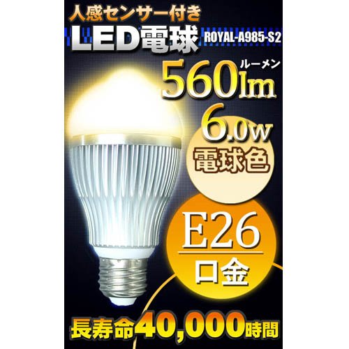 【LED電球 センサー ライト E26 560lm 電球色】【ロイヤル通販オリジナルパッケージ】 人感センサー付きLED電球 E26口金 節電対策（A985-S2）