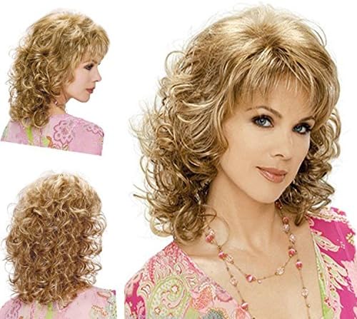 TXS Women's Fashionable Blonde Brown Mixed Color Medium Length Curly Wigs with Side Bang