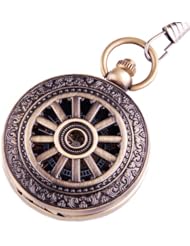Skeleton Mechanical Movement Pocket Watch Classic Hand Wind Bronze Roman Numerals Antique Look Wheel Pattern Half Hunter - PW-68