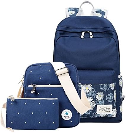 Linbag Lightweight Canvas Girls School Bookbag Teens Backpack Set Blue