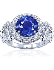 14K White Gold Round Cut Blue Sapphire Ring With Sidestones (GIA Certificate)
