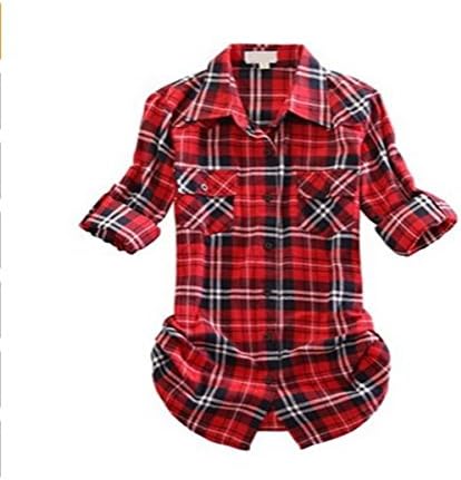 DG GOLD Women's Mid-Long Style Roll-Up Sleeve Plaid Flannel Shirt (Asia Size XL=US Size M, RS)