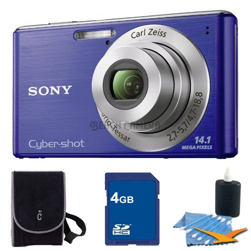 Sony Cyber-Shot DSC-W530 14.1 MP Digital Still Camera with Carl Zeiss Vario-Tessar 4x Wide-Angle Optical Zoom Lens and 2.7-inch LCD (Blue) with 4 GB Memory Card, Camera Carrying Case and Cleaning Kit