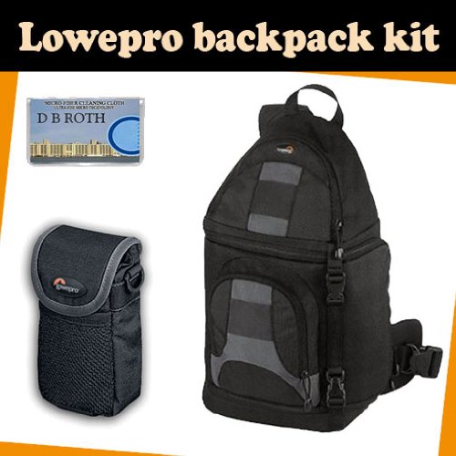 LowePro Backpack kit which includes the Lowepro Slingshot 200 All Weather Backpack (Black) + Sliplock pouch 10 + DB ROTH Micro Fiber Cloth.