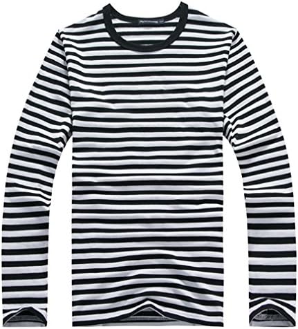 Oure Men Cotton Long Sleeve Striped T Shirts Crewneck V-neck Casual Shirts (M, Crewneck-Black)