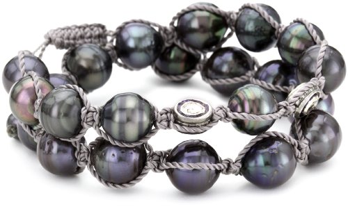 Jordan Alexander Tahitian Pearl Twist with Diamond Bead in Grey Thread Bracelet