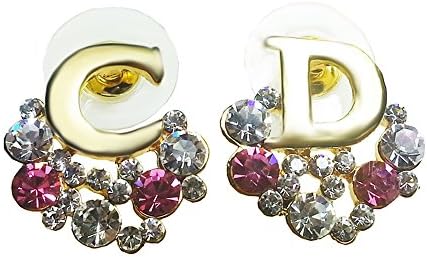 Yellow Gold Plated White and Pink Crystal Diamond Stud Earrings.