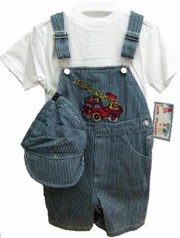 Toddler Boys Size 4T Stripe Denim Embroidered Pocket Shortall 2-PC Sets with Cap