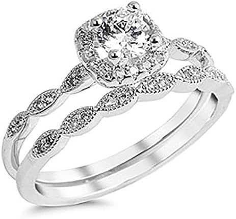 Sterling Silver 925 Cubic Zirconia CZ Halo Vintage Style Engagement Ring Wedding Set Sizes 4-10 (7)