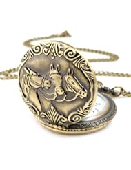 Yesurprise Unisex Antique Case Vintage Brass Rib Chain Quartz Pocket Watch Horse