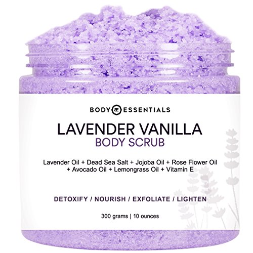Body Essentials Lavender Vanilla Body Scrub with Dead Sea Salt - 6 Essential Oils & 3 Vitamins - 100% Natural Exfloliant - Younger Healthier Skin