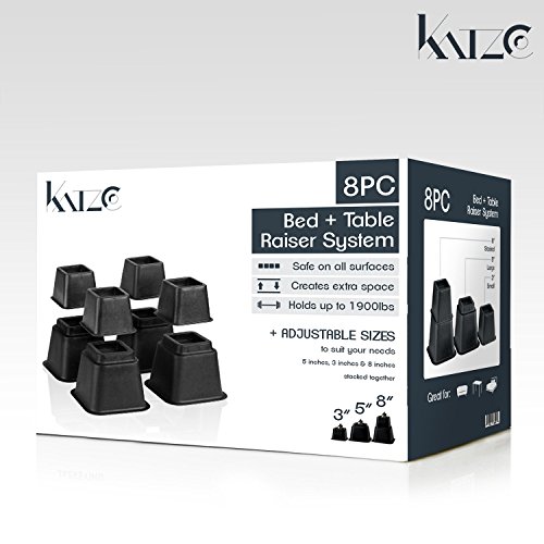 Katzco Bed Risers, Adjustable Heavy Duty, 8 Piece Set, 3 or 5 or 8 Inches Tall With Multi Height Function, For Any Bed Frame /Furniture / Table Riser & Lifts /College /Dorm /Room Accessories.