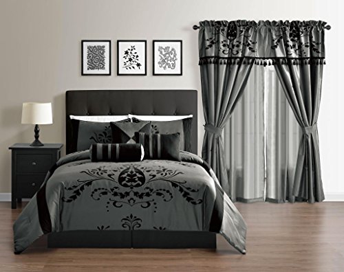 Violeta QUEEN Size GRAY Color 7-Piece Faux Silk Comforter Set Back Floral Flocking Bedding Set By Cozy Beddings