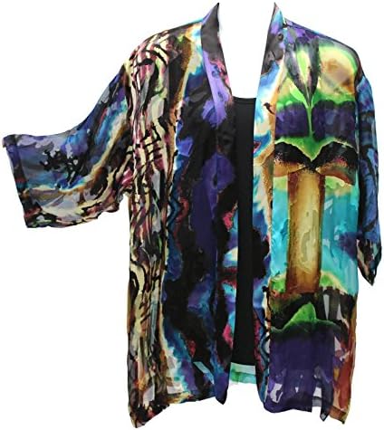 Women's Hand Painted Jewel Burnout Silk Kimono Jacket Plus Size Art to Wear