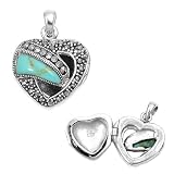 Sterling Silver and Marcasite Heart Locket Pendant With Turquoise - 17mm Height