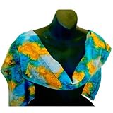 ArtisanStreet's Mottled Design Oblong Silk Scarf. Hand Painted Scarf Features Golden Yellow, Turquoise Blue And Light Gray In A Mottled Design. One Of A Kind. Signed By Artisan.