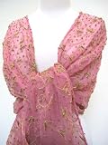 Vintage Hand Embroidered Floral Silk Shawl Scarf Wrap Stole Pink Gold
