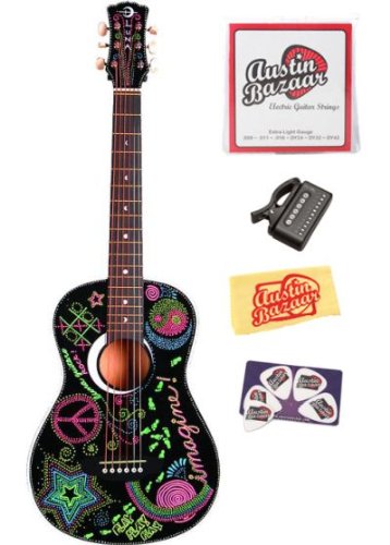Luna Aurora Series 3/4-Size Mini Dreadnought Acoustic Guitar Bundle with Tuner, Strings, Pick Card, and Polishing Cloth - Imagine Black Draw-On