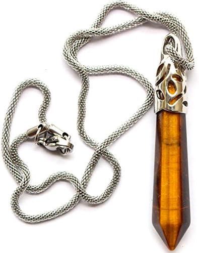Natural Hexagonal Pile Gemstone Crystal Pendant Necklace, Stainless Steel Chain, Unisex, Power Healing Chakra (Tiger's eye)