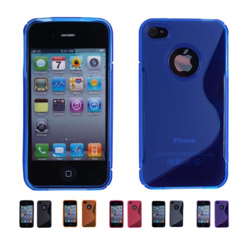 BLUE Apple iPhone 4 ( iPhone 4G, iPhone 4th Generation) 16GB 32GB S-CURVE TPU Transparenet Gel Case Silicone Skin Case Cover + Free Screen Protector (Many Colors Available), BLUE