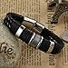 Mens Leather Punk Rock Bracelet 316L Stainless Steel Charms Clasp, Black Silver - 7.3