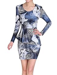 Leopard Print Above the Knee Cotton/Polyester Peplum Ruched Long Sleeves Round Neck  Dress