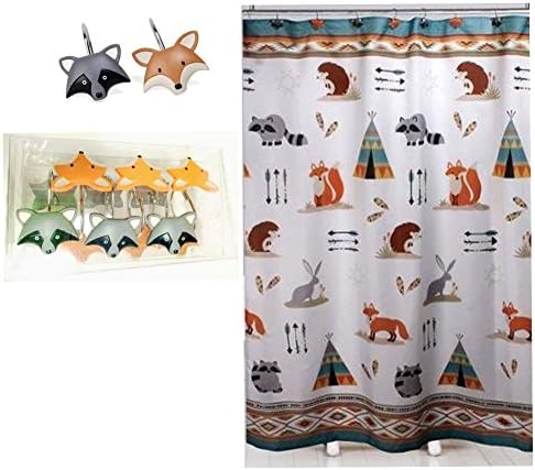 Kids Bathroom Fabric Shower Curtain Set Includes Rings Hooks