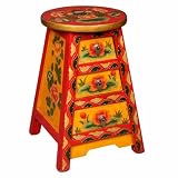 EXP Handmade Asian furniture-18" Yellow & Red Tibetan Accent / End Table Painted Flowers - 3-Drawer