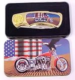 The U.S. Flag , Motorcycle and Eagle Collectable Pocket Knife with Display Tin
