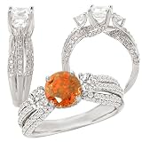 18k White gold trellis 3-stone engagement ring with round 6.5mm Chatham padparadscha center