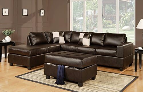 3 Piece Modern Soft Touch Reversible Bonded Leather Sectional Sofa Set, Color Espresso, White (Espresso)
