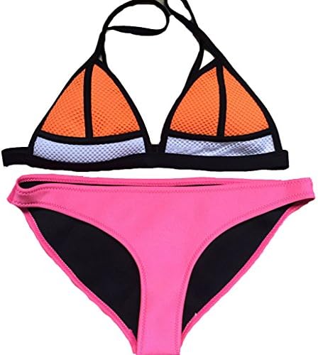 FLORAVOGUE Women Scuba Neoprene Bikini Swimwear Set Orange Mesh Top & Neon Pink Bottom Bottom Small