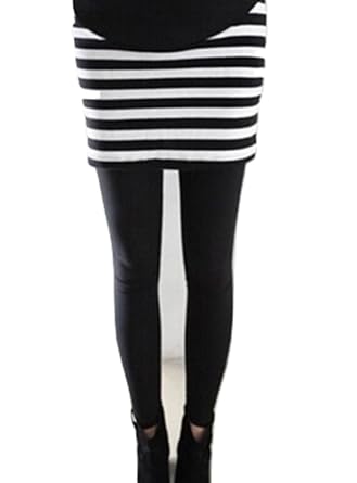 【クリックで詳細表示】しあわせ倉庫 ボーダー柄 スカート付き マタニティ レギンス パンツ 10分丈 ウエスト調整可能 妊婦 初期～産後 (L)： 服＆ファッション小物
