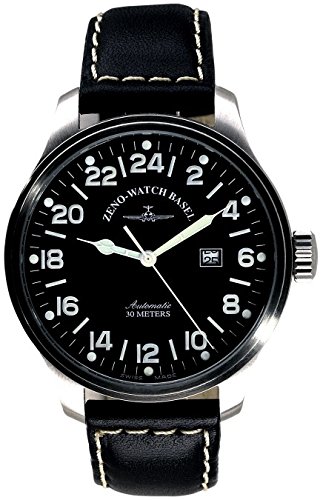 ZenoMens XL 24-Hour Pilot Watch with Black Dial, Black Leather Strap and Swiss Automatic Movement 8563-24-a1
