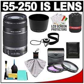 Canon EF-S 55-250mm f/4.0-5.6 IS Telephoto Zoom Lens + 3 UV/FLD/CPL Filters & Lens Hood & Pouch + Cleaning Kit for Rebel T2i, T3, T3i, T4i EOS 60D & 7D Digital SLR Camera