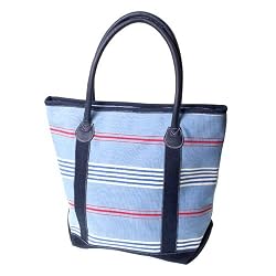 Olive N Figs Blue Stripe Large Tote with Leather Handles