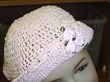 Ht3, Hand Crocheted Baby Pink Gimp Floppy Hat with Three White Carnations