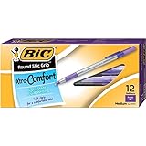 BIC Round Stic Grip Xtra Comfort Ball Pen, Medium (1.2 mm), Purple, 12-Count