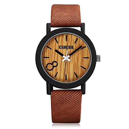 CUCOL Eco Faux Wooden Dial Watches for Men and Women Leather Band Casual Wristwatch