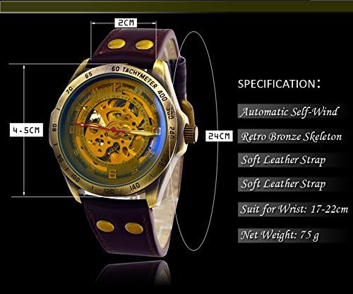 Affute Mens Gold Skeleton Dial Automatic Mechanical Pu Strap Wrist Watch
