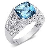 Sparkling Beauty 3.50 carats total weight Cushion Cut Checker Board London Blue Topaz & White CZ Size 7 Gemstone Ring in Sterling Silver