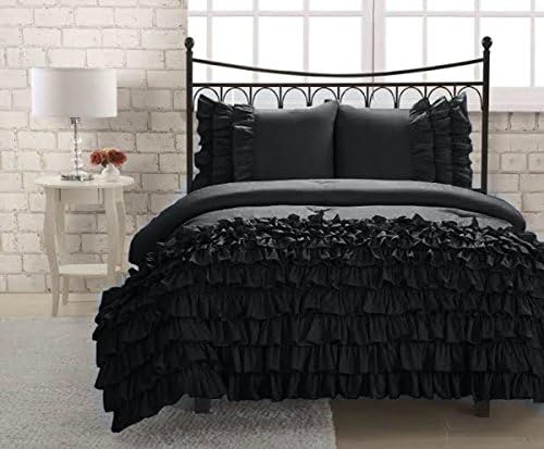 HotHaat New Collection 300 Thread Count 1 Half Ruffle Duvet Cover + 2 Pillow Shams in Solid Black Queen Size 100% Egyptian Cotton